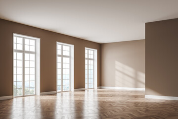 Living room interior with three panoramic window with countryside view,