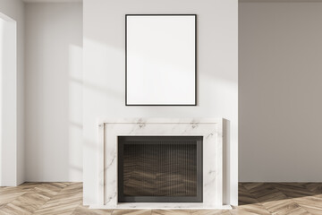 White and wooden living room interior with fireplace, mockup poster