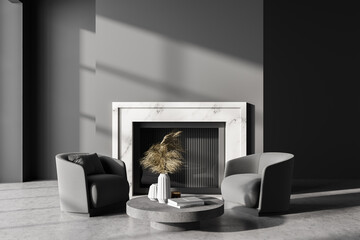 Grey living room interior with armchairs and fireplace, mockup