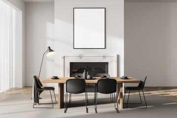 Light dining room interior with fireplace and minimalist furniture, mockup poster