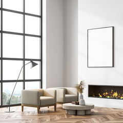 Living room interior with fireplace and panoramic window