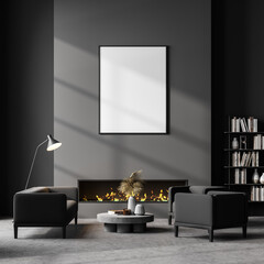 Living room interior with white empty poster on grey wall