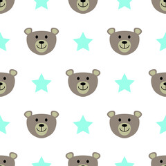 Cute teddy bear and stars seamless pattern. Childish cartoon design for textile, paper, print, fabric, wallpaper and more. Vector illustration.