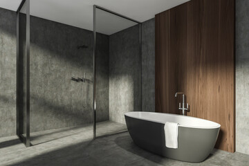 Modern Bathroom interior in new luxury home. Stylish hotel room. Open space area. Concrete wooden...