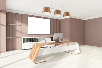 Head of company's office interior with table and desktop computer, shelf with folders, white armchairs. Mockup copy space banner canvas on wooden wall.