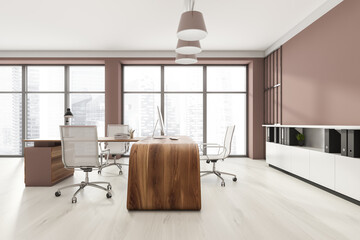 Head of company's office interior with table and desktop computer, shelf with folders, white armchairs. Mockup copy space wall. Panoramic window.