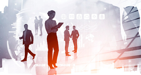 Business people and earth globe with diverse digital icons and skyscrapers