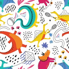 Colorful dinosaurs vector seamless pattern. Cartoon dino characters playing sport background. Scandinavian illustration.Texture sketch Jurassic reptiles. Kids textile, wrapping paper, fabric, backdrop
