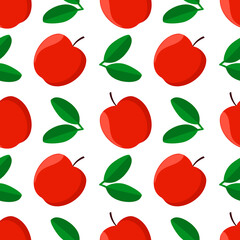 seamless pattern with red apple and leaves on a white background.