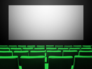 Cinema movie theatre with green seats and a blank white screen