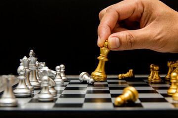 hand of man moving chess in chess competitions demonstrate leadership business and teamwork concept
