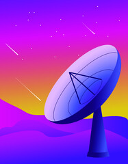 satellite dish in the rays of sunset on the desert under the twilight starry sky.