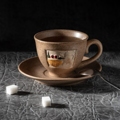 A cup of hot coffee is on the table next to several lumps of sugar