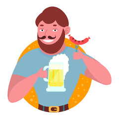 A broad-shouldered man with a mustache and a beard holds in his hand a large mug of beer with foam, in the other hand - a fork with a sausage and smiles. Vector stock illustration of bars, menus, alco