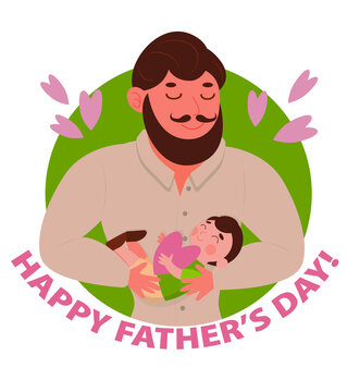 A dark-haired dad with a beard and mustache holds his sleeping son in his arms. Vector stock illustration for father's day. Happy father's day test. Kawaii holiday illustration for postcards