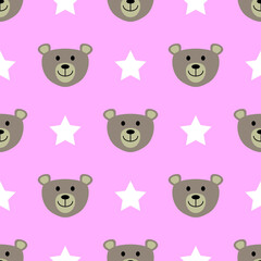 Cute teddy bear and stars seamless pattern. Childish cartoon design for textile, paper, print, fabric, wallpaper and more. Vector illustration.