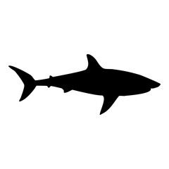 Shark isolated black silhouette. Side view. Marine animal. White background. Vector illustration clipart. Tiger or blue shark.