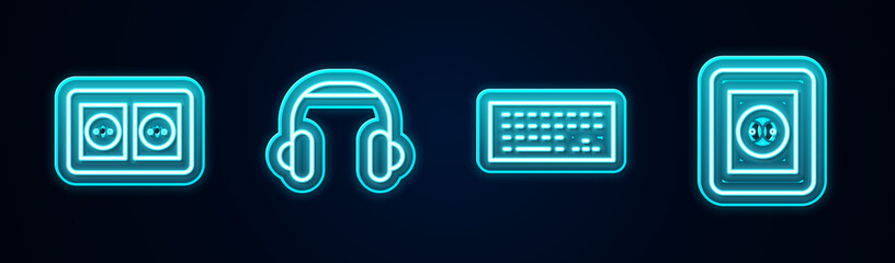 Set line Electrical outlet, Headphones, Keyboard and . Glowing neon icon. Vector