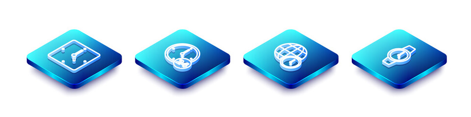 Set Isometric line Clock, 24 hours, World time and Wrist watch icon. Vector