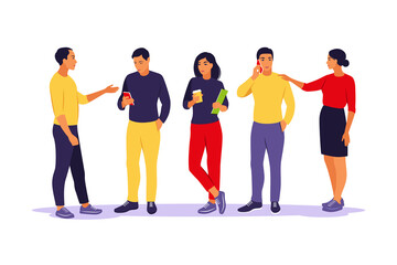 Fototapeta premium Young people standing and talking each other and phone. Communication and discussion concept. Vector illustration. Isolated flat.