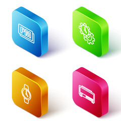 Set Isometric line Clock PM, Time Management, Wrist watch and Digital alarm clock icon. Vector