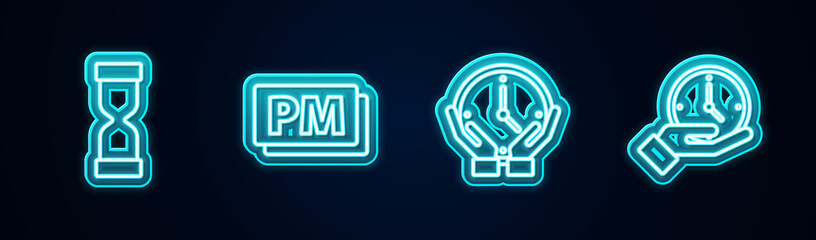 Set line Old hourglass, Clock PM, and . Glowing neon icon. Vector