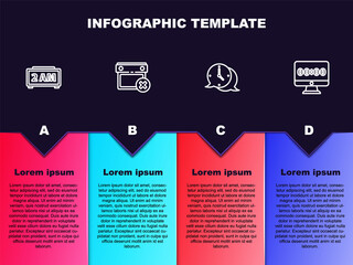 Set line Digital alarm clock, Calendar date delete, Clock speech bubble and on monitor. Business infographic template. Vector