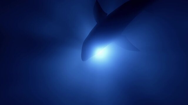 Great white shark megalodon. Realistic underwater 3D animation with sea predator in 4K. The silhouette of a shark against the background of the sun's rays in the water floats away into the darkness.