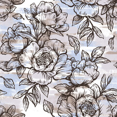 Illustration of graphic flowers and leaves. Seamless pattern for wallpaper and fabric design.