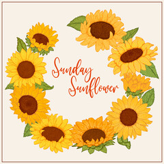 Sunflowers flowers wreath frame. Organic food, vector doodle hand drawn sketch style illustrations collection isolated. Botanical illustration for packaging, menu cards, posters, prints.