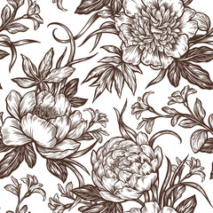 Illustration of graphic flowers and leaves. Seamless pattern for wallpaper and fabric design.