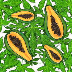 seamless pattern with green fancy leaves and papaya fruits