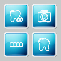 Set line Tooth with caries, First aid kit, Dentures model and Broken tooth icon. Vector