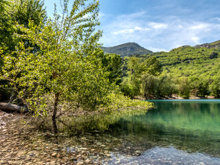 Vue sur un lac au milieu de la nature , des arbres, des fleurs et de la montagne à Carros dans le Sud de la France près de Nice