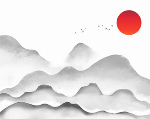 Distant misty mountains, flock of birds and big red sun. Traditional oriental ink painting sumi-e, u-sin, go-hua.
