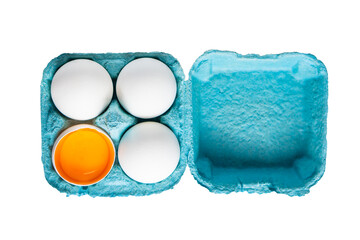 Isolated blue paper box package raw white brown organic fresh eggs shell with yolk from happy chicken hen free range farm on nature hatch grass  food of spring season easter festival