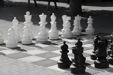 black and white chess stones standing on the chess field in the park

