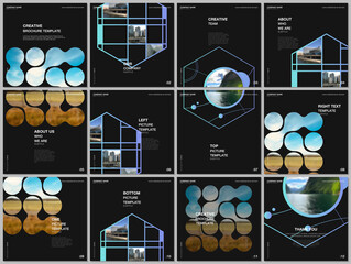 Brochure layout of square format covers templates for square flyer leaflet, brochure design, report, presentation, magazine cover. Abstract smart technology design with hexagons and place for photo.