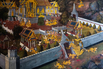 Ancient mural painting with scene from the Ramakien at Wat Phra Kaew or Emerald Buddha Temple in...