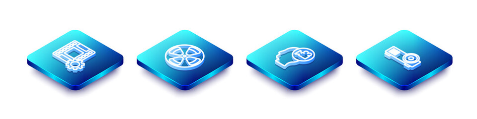 Set Isometric line Play Video, Film reel, Head with camera and Media projector icon. Vector