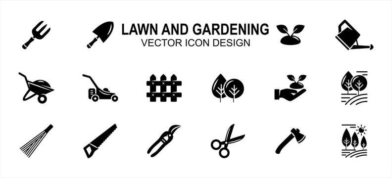 Simple Set Of Lawn And Gardening Maintenance Related Vector Icon User Interface Graphic Design. Contains Such Icons As Fork, Spade, Plant, Wheelbarrow, Fence, Grass Mower, Seed, Tree, Axe, Saw,