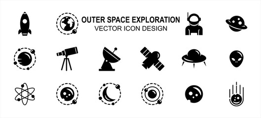 Simple Set of outer space exploration Related Vector icon user interface graphic design. Contains such Icons as rocket, satellite, orbit, solar system, periscope, alien, ship, revolution track,