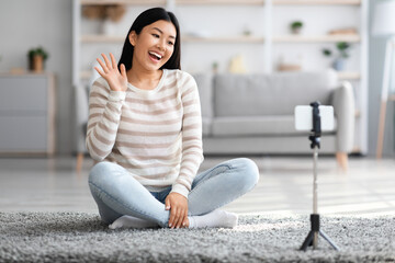 Blogging Concept. Young Asian Social Influencer Woman Recording Video At Home