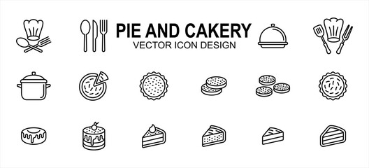 Simple Set of pie and cakery Related Vector icon user interface graphic design. Contains such Icons as pie, sliced cake, pudding, dessert, chef hat, spoon, fork, knife,