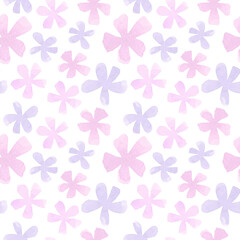 Watercolor hand drawn pastel pink flowers seamless pattern on white background. Pink and violet abstract botanical print for textile, fabric, wallpaper, wrapping paper and decoration.