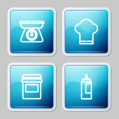 Set line Scales, Chef hat, Jam jar and Sauce bottle icon. Vector