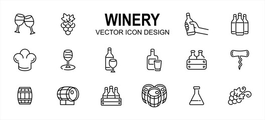 Simple Set of winery drink Related Vector icon user interface graphic design. Contains such Icons as wine, grape, beverage, premium, distillery, formulation, alcohol, fermentation, aging, bottle