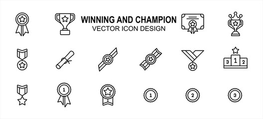 Simple Set of winning champion Related Vector icon user interface graphic design. Contains such Icons as win, victory, champ, medal, trophy, star, starred, certification, certificate, award, podium