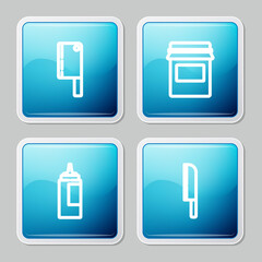 Set line Meat chopper, Jam jar, Sauce bottle and Knife icon. Vector