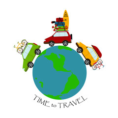 Travel around the world by car. Three cars are carrying necessary things for the trip. Long-distance travel by company.